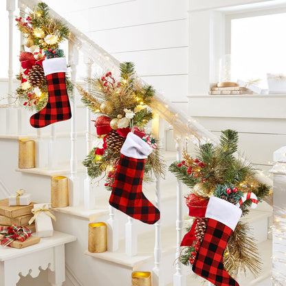 DIYASY Christmas Red Black Buffalo Plaid Stockings,6 Pack 18 Inches Large Plaid Stockings with Plush Cuff,Classic Christmas Stockings Decorations for Fireplace Hanging and Holiday Décor