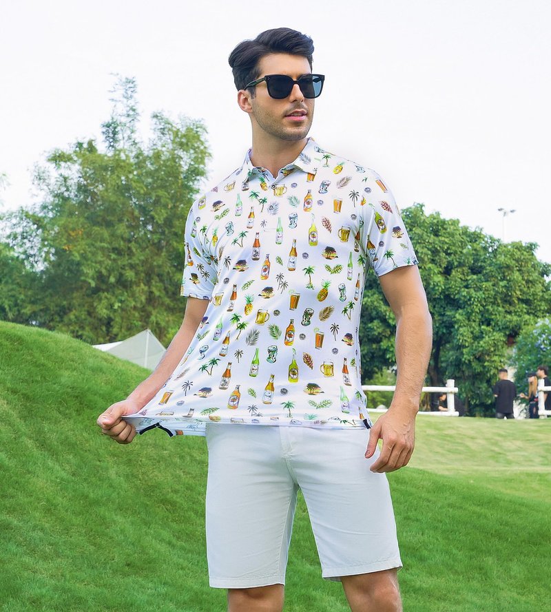 Alex Vando Mens Hawaiian Golf Shirt Moisture Wicking Digital Print Golf Shirts for Men,White Beer,L