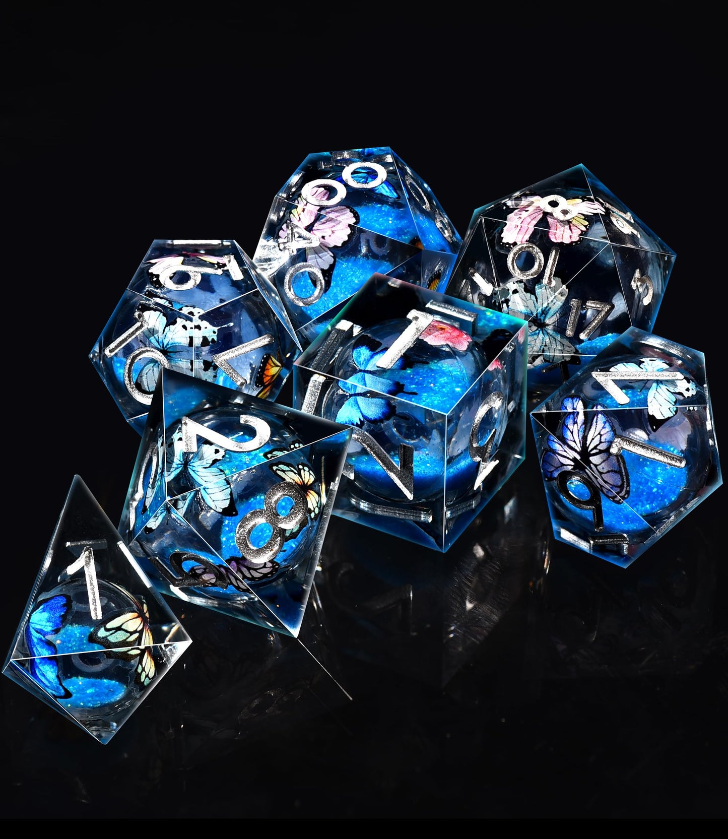 AUSTOR Liquid Core Butterfly Resin DND Dice Set, 7-Die Glow in The Dark Dice Sharp Edge Polyhedral Dice Luminous Dice Role Playing Dice for Dungeons and Dragons RPG MTG Table Games