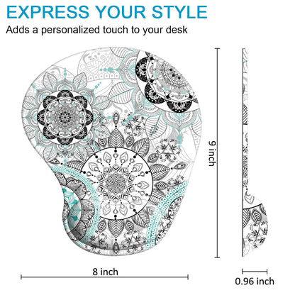 Ergonomic Mouse Pad with Wrist Rest Support Gel with Coaster, Cute Wrist Pad with Non-Slip Rubber Base, Easy Typing & Pain Relief, Blue Mandala