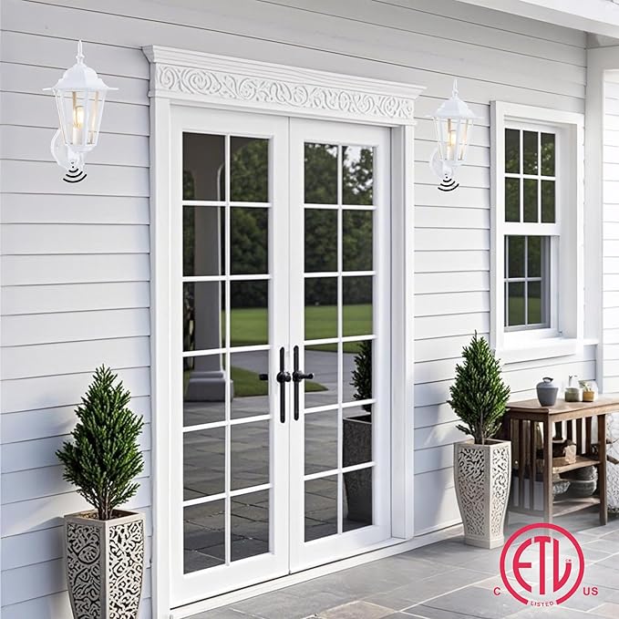 GRUENLICH Dusk to Dawn Outdoor Wall Sconce, Exterior Front Porch Lighting with Clear Glass, White Aluminum Outside Coach Light for Patio Doorway Garage, 2 Pack
