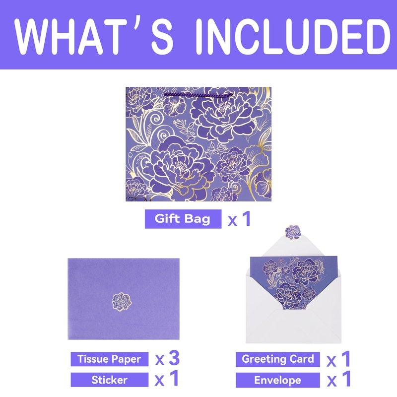 Qirrmiy 13" Large Rose Purple Gift Bag Set with Greeting Card and Tissue Paper for Women or Girls for Celebrating Birthdays, Mother's Day, Valentine's Day, Weddings, Anniversaries