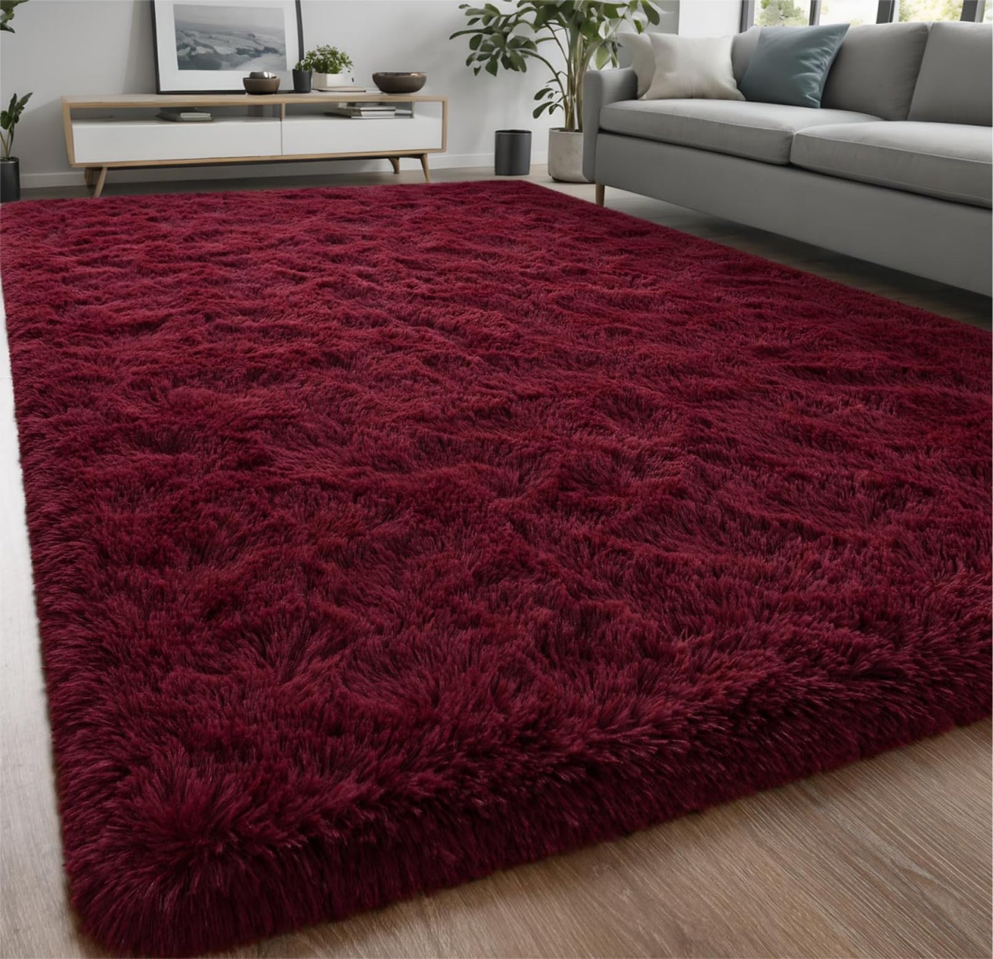 Nuttumico Fluffy Burgundy Red Rug Carpet for Bedroom Living Room, 4x6 Feet High Pile Area Rugs for Boys Kids Girls Decor, Soft Shaggy Plush Cute Floor Rug for Nursery Dorm, Non-Slip