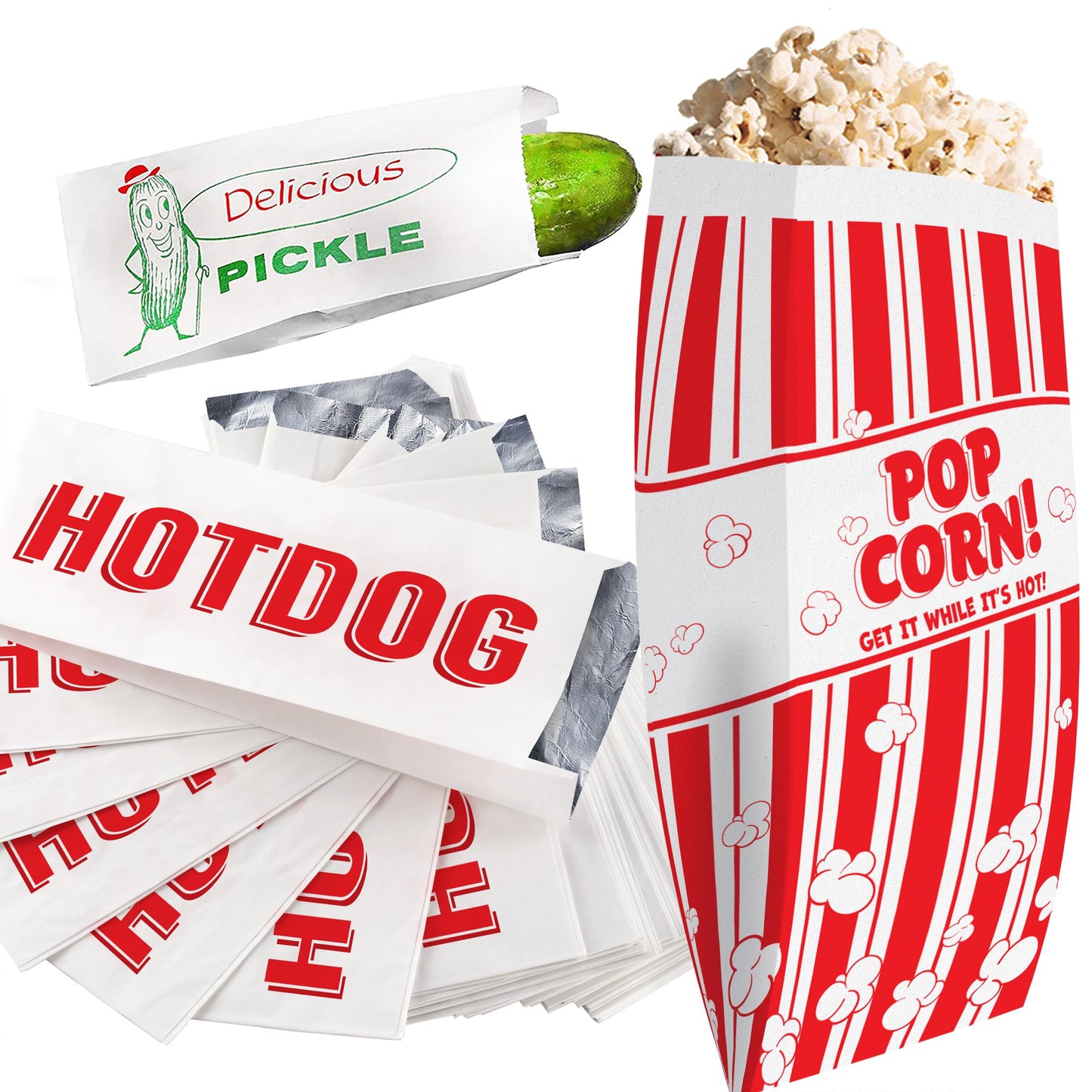 Super Fun, Grease-Proof Food Wrapper 150 Combo Pack. 50 Each Pickle, Hot Dog and Popcorn Durable Retro Bags. Snack Bag Trio for Party Favors or Treats. Great for Themed Parties, Carnival and Festival