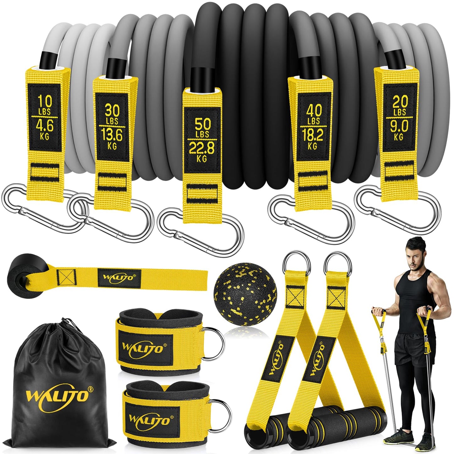WALITO Resistance Bands Set - Exercise Bands with Handles, Door Anchor, Legs Ankle Straps, for Heavy Resistance Training, Physical Therapy, Muscle Training, Yoga, Home Workouts, Gym