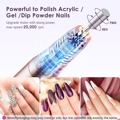 COSLUS Nail Drill Cordless Portable Electric Manicure and Pedicure Set, Professional Nail Files for Acrylic Gel Nails, 6 Nail Drill Bits, Cuticles Hard Skin, Adjustable Speed Rechargeable E File