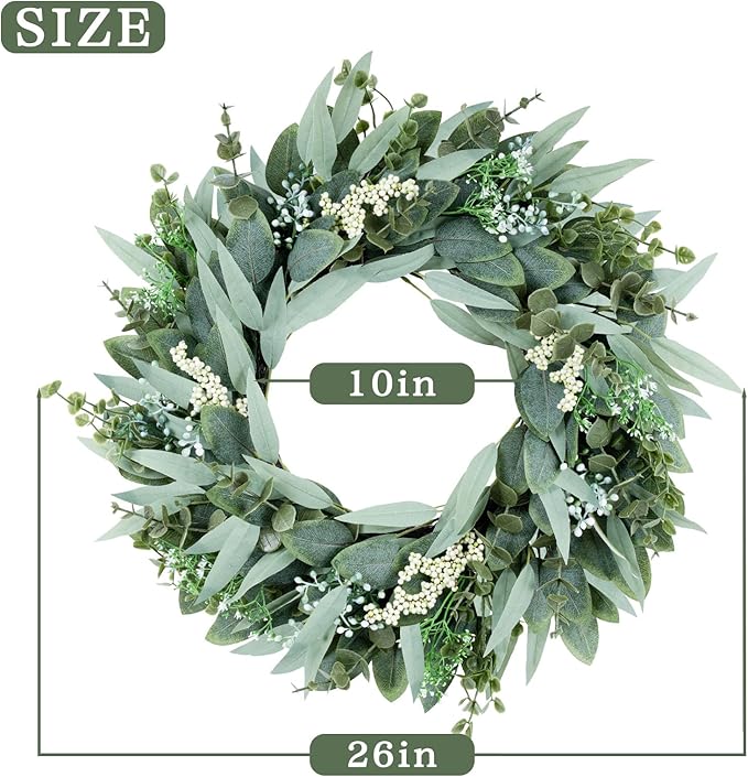 26" Eucalyptus Wreaths Large Artificial Greenery Outdoor/Indoor Wreath Spring/Summer Wreath Green Wreaths for Front Door Porch Window Wall Hanging Decor All Year Round Wr-eath（Green）