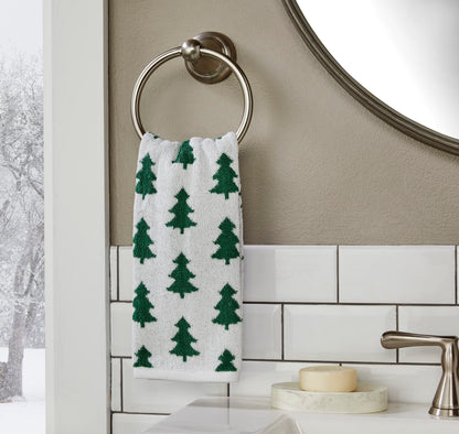 SKL Home Christmas/Winter Holiday Trees 100% Cotton Premium 2-Piece Hand Towel Set, 500 GSM, Reversible Jacquard, Soft & Absorbent, Decorative for Bath/Kitchen/Bar & Gift, Green/White