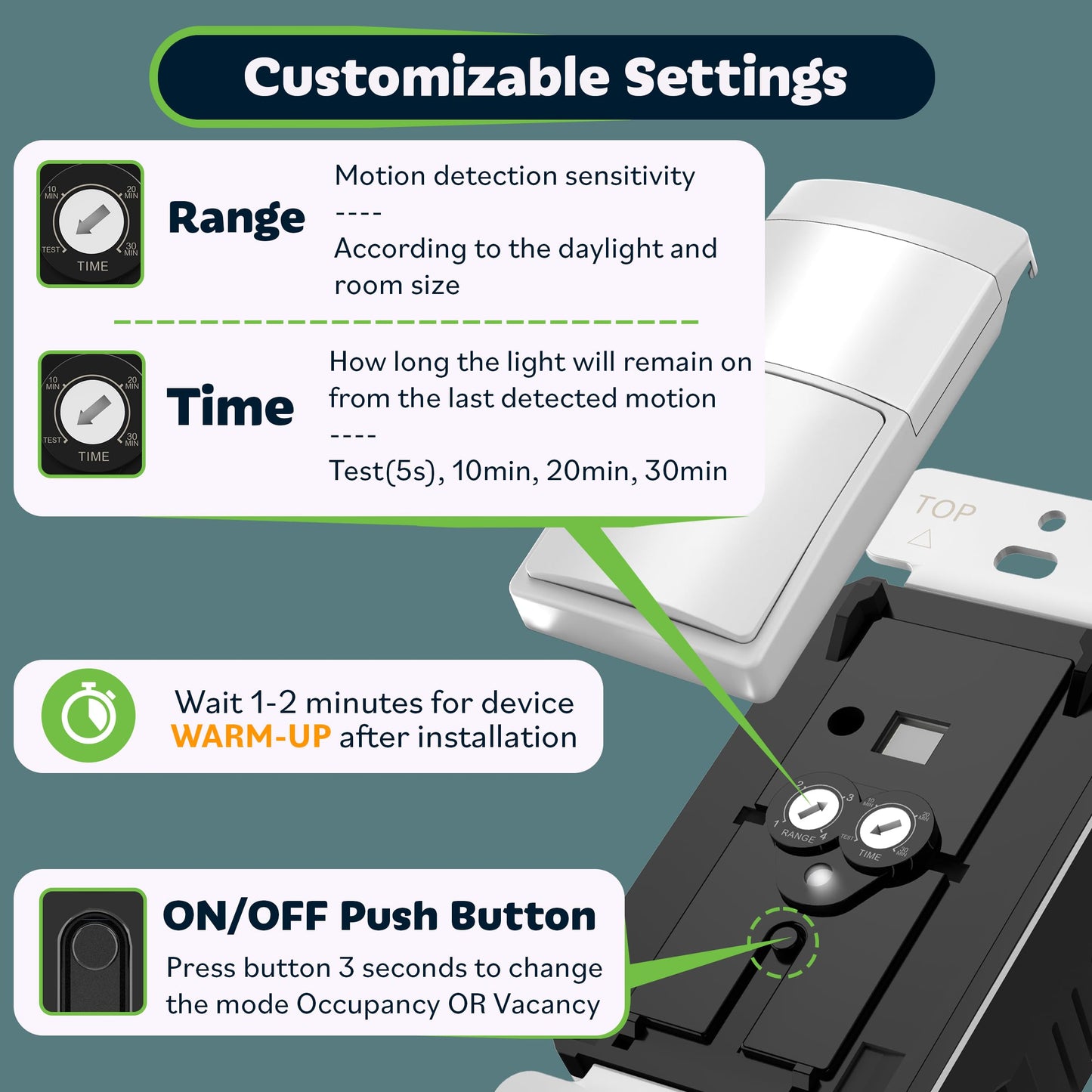 TOPGREENER Pack of 2 Light Switches with PIR Motion Sensor for Occupancy and Holiday, without Earth Cable, Neutral Cable, White