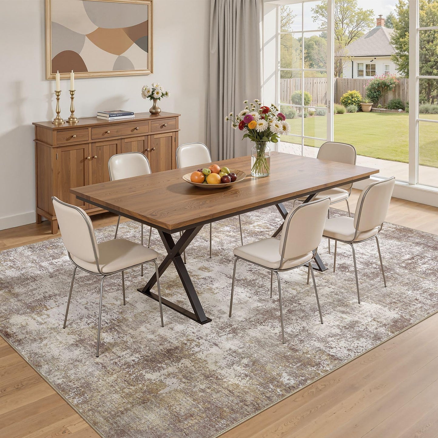 ELLIUNE 10x13 Washable Area Rugs for Living Room, Non Slip Soft Large Rugs for Bedroom Dining Room, Modern Abstract Low Pile Stain Resistant Carpet for Laundry Office Home Decor - Gold Brown