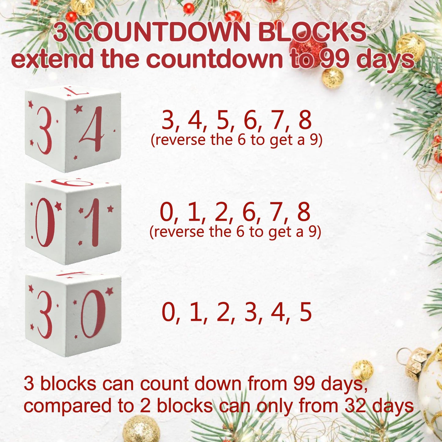 Christmas Tree Countdown Block LED Lighted 99 Days Until Christmas Wreath Calendar Tabletop with Timer Number Date Rustic Wooden Home Decor Holiday Xmas Ornament Desk Decoration Gift