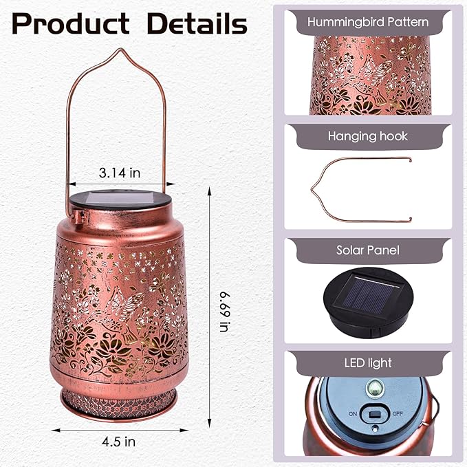 Outdoor Solar Lanterns Hummingbird Decor, Nelyeqwo Waterproof Hanging Solar Lights Gifts for Women Men Metal Lantern Decor for Garden Patio Lawn Porch Backyard Tabletop Pathway Landscape