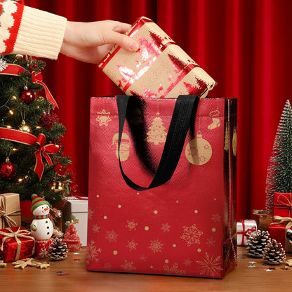STYPOP 16 Pack 10" Christmas Gift Bags Medium Size with Tissue Paper, Reusable Non-Woven Christmas Tote Bags with Handles, Perfect for Holiday Gift Wrap/Party Favor Supplies, 10.2" × 8.3" × 4"