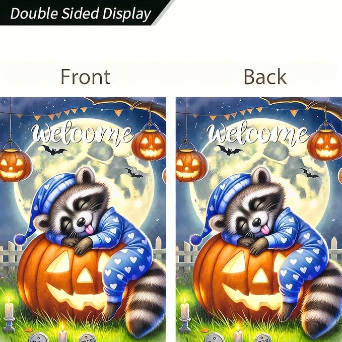 Halloween Raccoon Jack O Lantern Garden Flag Double Sided, Halloween Holiday Decorative Yard Outdoor Home Small Decor, Fall Autumn Outside House Decoration 12 x 18 inch