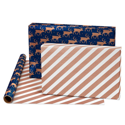 American Greetings Foil Christmas Wrapping Paper Rolls, Metallic Rose Gold and Navy Blue Holiday Gift Wrap (80 sq. ft., 4 Rolls-30 in. x 8 ft., Reversible) Snowflakes, Reindeer, Merry Christmas