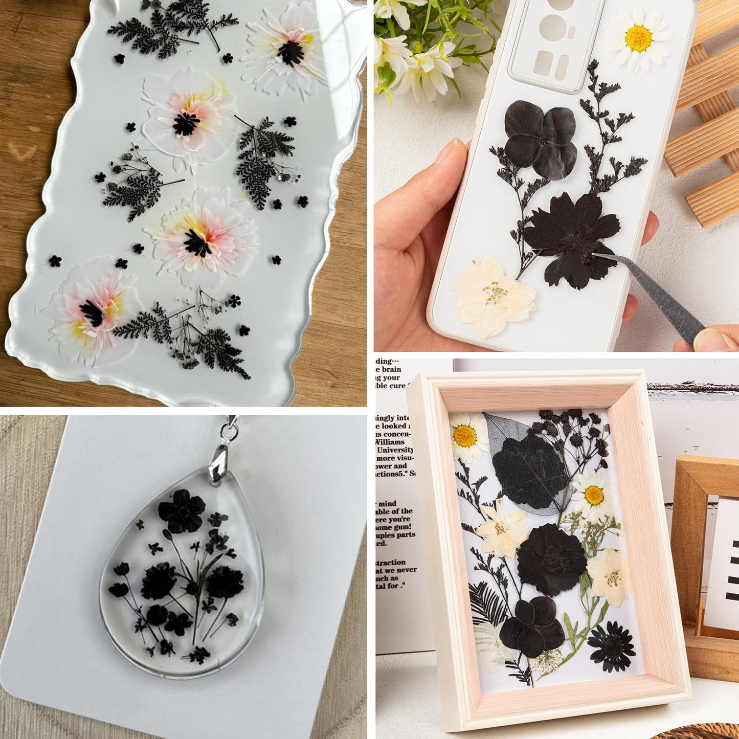 78 Pcs Black and White Dried Pressed Flowers with Tweezer, Halloween Themed Real Dried Flowers Leaves for DIY Crafts Resin Molds, Dried Flowers for Autumn Halloween Decorations