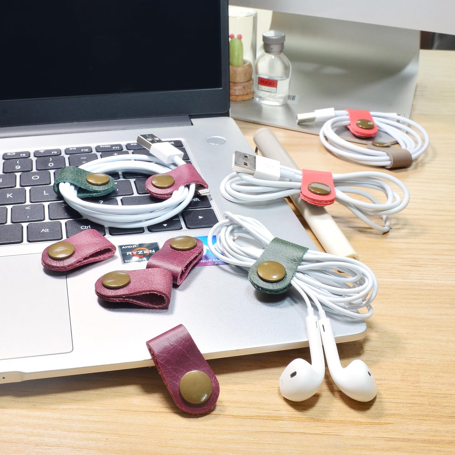 CAILLU Cord Organizer,Cord Keeper,Cable Organizer USB Holder,Cable Management,Cable Straps,Earbud case,wrap Headset Winder,Phone Earphone Clips Ties (Rose red Cord Organizer)