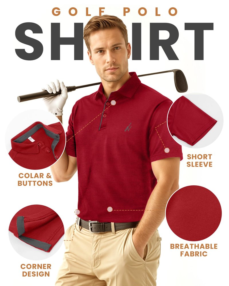 NY Threads Men's Golf Polo Shirt UPF 70+ Regular Fit Moisture Wicking Quick Dry Performance Short Sleeves Polo, Large, Red