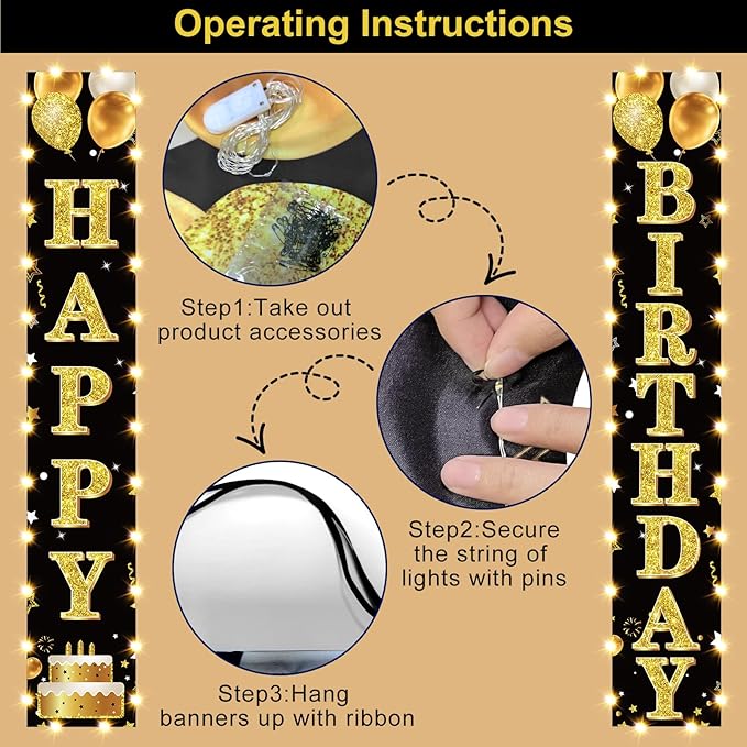 Birthday Lighted Banner Decorations for Men Women - Black Gold Happy Birthday Porch Sign with LED Light Party Supplies, 16th 21st 30th 40th 50th 60th 70th 80th 90th Bday for Indoor Outdoor