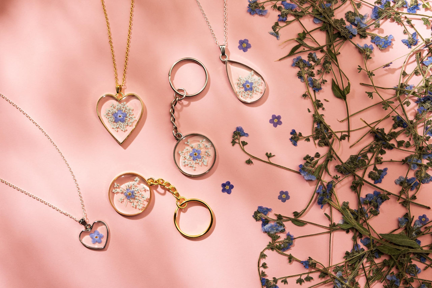 Handmade Forget Me Not and Queen Annes Lace Flower Keepsake Pendant and silver necklace. 13th Lace Anniversary gift (Silver Heart Forget Me Not Pendant)