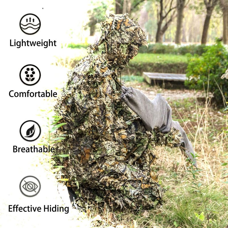 Monfasye Ghillie Suit, 3D Leafy Camo Hunting Suits Breathable Woodland Gillies Costume Jungle Clothing