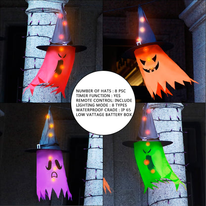 Twinkle Star Halloween 8 Pcs Lighted Hanging Witch Ghost Hats Decorations, Halloween Indoor Outdoor Remote Control String Lights 8 Lighting Modes, Glowing Witch Hat for Garden, Yard, Tree
