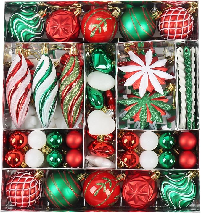 82Pcs Red and Green Christmas Tree Ornaments Set,Shatterproof Christmas Decorations for Tree Assorted Plastic Craft Baubles Snowflake Ball Ornaments for Holiday Party Decor (Red&Green&White)