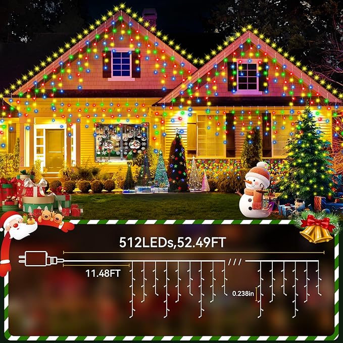 52FT Christmas Lights Outdoor, 512 LED Outdoor String Lights Waterproof Plug in with 8 Modes & Timer, Christmas String Lights for Tree Party, Garden, Holiday Decorations（Multicolor）