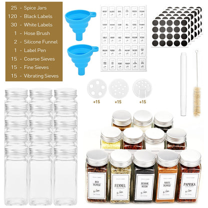 Spice Jars with Lids 25 Pcs, 4oz Square Glass Spice Jars with 150 Labels Shaker Lids 45pcs, 120ml Kitchen Spice Containers with Label Pen, Hose Brush