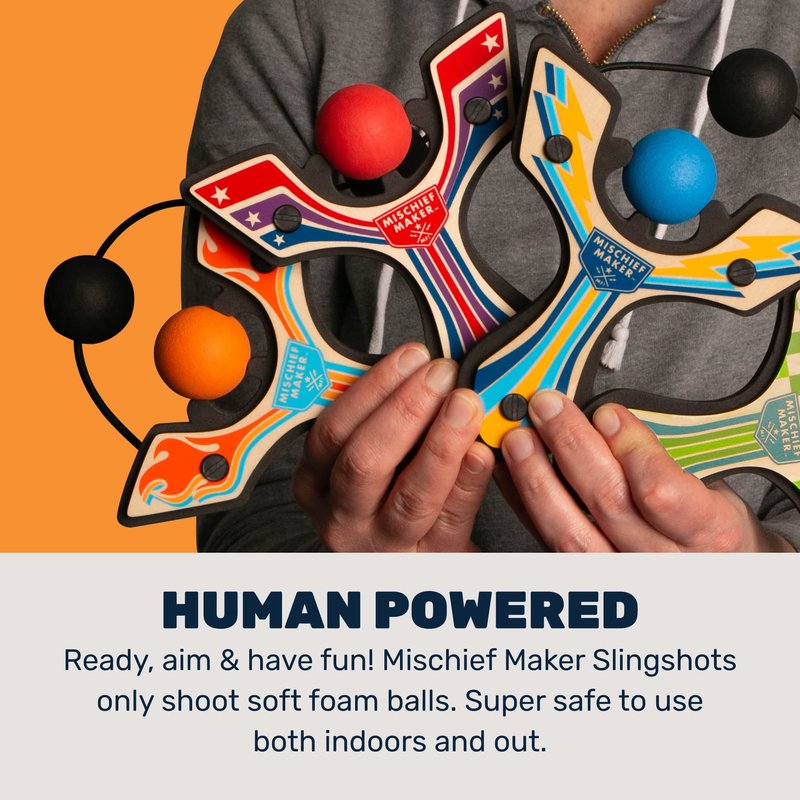 Mighty Fun! - Mischief Maker® Wooden Slingshot - Racing Series - Real Wood Slingshot for Kids, 4 Soft Foam Balls and Storage Bag - Ages 4+ (Orange)