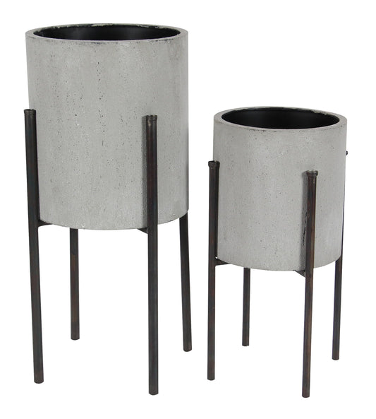 Deco 79 Metal Indoor Outdoor Planter Textured Exterior Large Planter Pot, Set of 2 Planters 19", 23"H, Light Gray