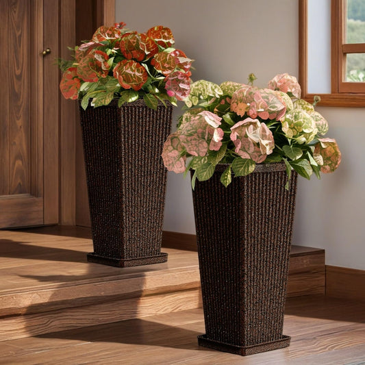 Diyfire Front Porch Planters Outdoor Set of 2, 24" Tall Plastic Planters for Outdoor Plants with Drainage, Extra Large Outdoor Planter Pots, Tapered Tall Planters for Front Door & Indoor Plants, Brown