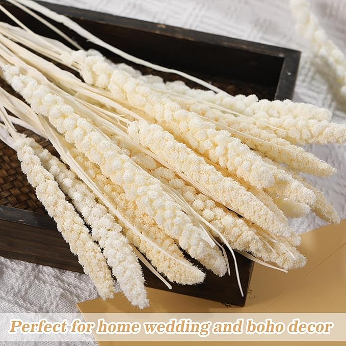 Dried Flowers Bouquet, Dry Flower Bundle, 20Pcs Natural Real Millet Flowers with Stems, Dried Floral Arrangements for Wedding Decor, Door Wreath, Home Party Vase Farmhouse Decoration (White, 17'')