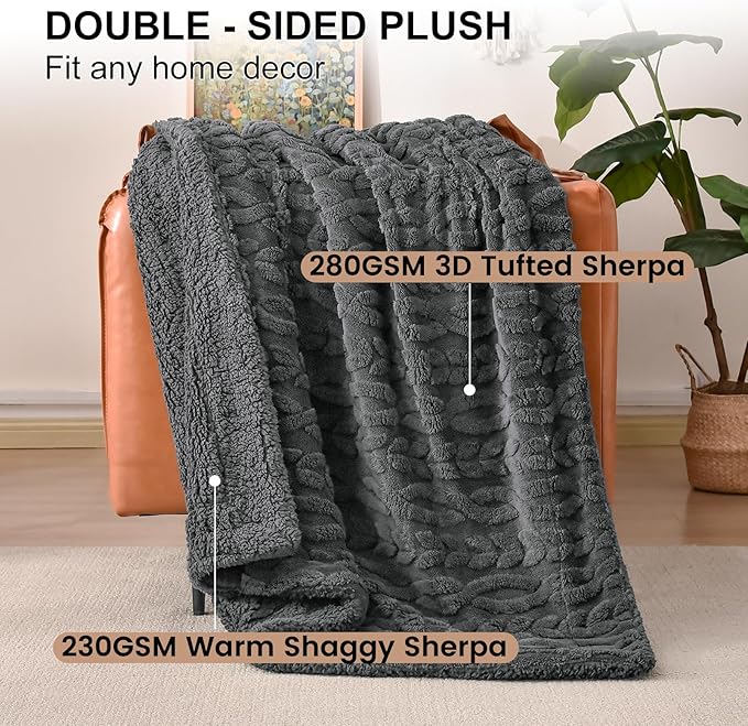 PHF Fluffy Sherpa Blanket Queen Size for Winter, Warm and Soft, 510GSM 3D Jacquard Thick Shaggy Fleece Plush Blanket for Sofa Bed, Dark Grey, 90"x90"
