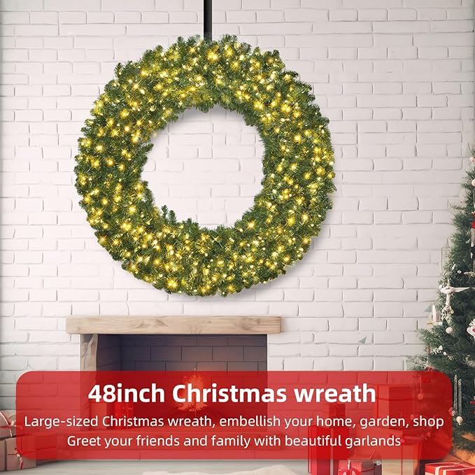48in Large Christmas Outdoor Wreath - HOYECHI Lighted Wreaths Holiday Decor, Outdoor Wreath with 210 Colorful LEDs,714 PVC Tips, Metal Hook, 9 Functions, Timer, Power Plug-in, Remote Controls