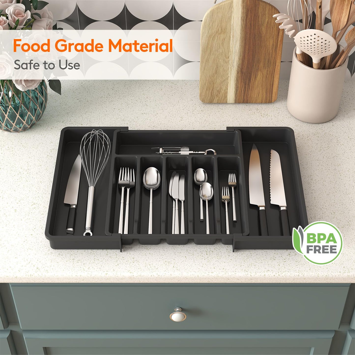 Lifewit Large Cutlery Drawer Organiser, Extendable Cutlery Tray, Kitchen Utensil Spoons Forks Knives Holder Storage, 8 Compartment, Black