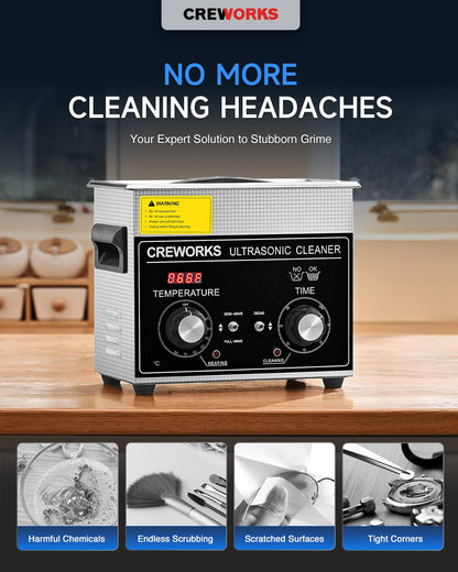 CREWORKS 3L Ultrasonic Cleaner with Heater and Timer, 120W Stainless Steel Ultrasonic Cleaning Machine with Degas & Gentle Modes, Ultrasound Washing Machine for Jewelry Glasses
