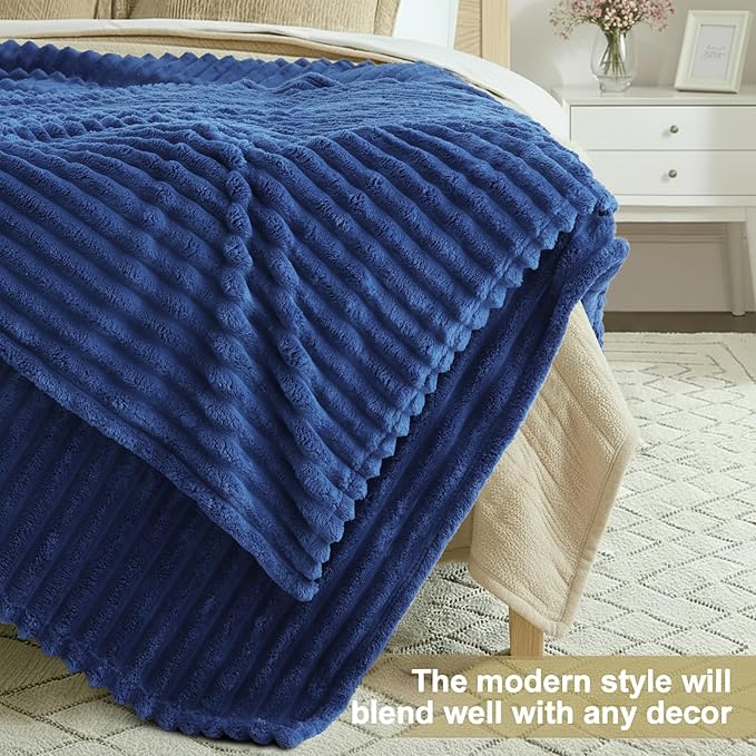 decorUhome Soft Fleece Navy Blue Throw Blanket for Couch, Cozy Fluffy Plush Flannel Striped Blanket for Sofa Bed, Lightweight Decorative Ribbed Fuzzy Blanket for Woman, 50x60 Inches