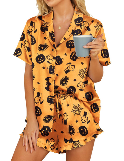 HOTOUCH Halloween Pjs Women Button Pajamas Soft Sleepwear Silky Satin 2 Piece Pj Sets Nightwear