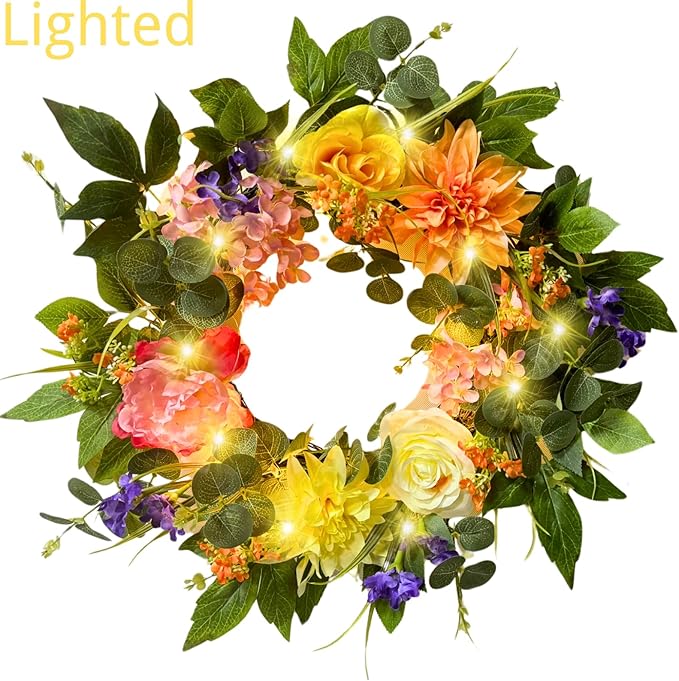 22 Inch Lighted Spring Summer Wreath for Front Door,Dahlia Pinnata, Roses, Eucalyptus Leaves, Peony, Mixed Flowers,Artificial Wreath for Front Door Spring Outdoor Home Decor Easter Decor