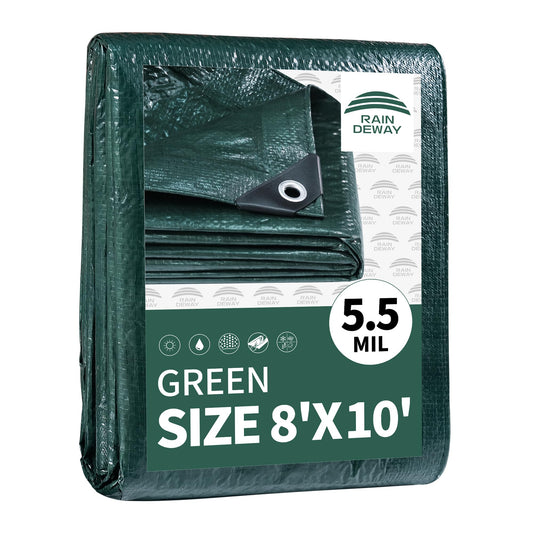 RAINDEWAY Green Tarp 8x10 Feet,Finished Size,5.5 Mil Thick,Multipurpose Waterproof Poly Tarps Cover with Metal Grommets and Reinforced Edges