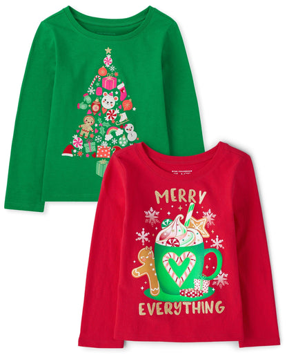 The Children's Place Baby-Girls and Toddler All Holidays Long Sleeve Graphic T-Shirts,Multipacks Christmas Tree/Merry 2-Pack 4T