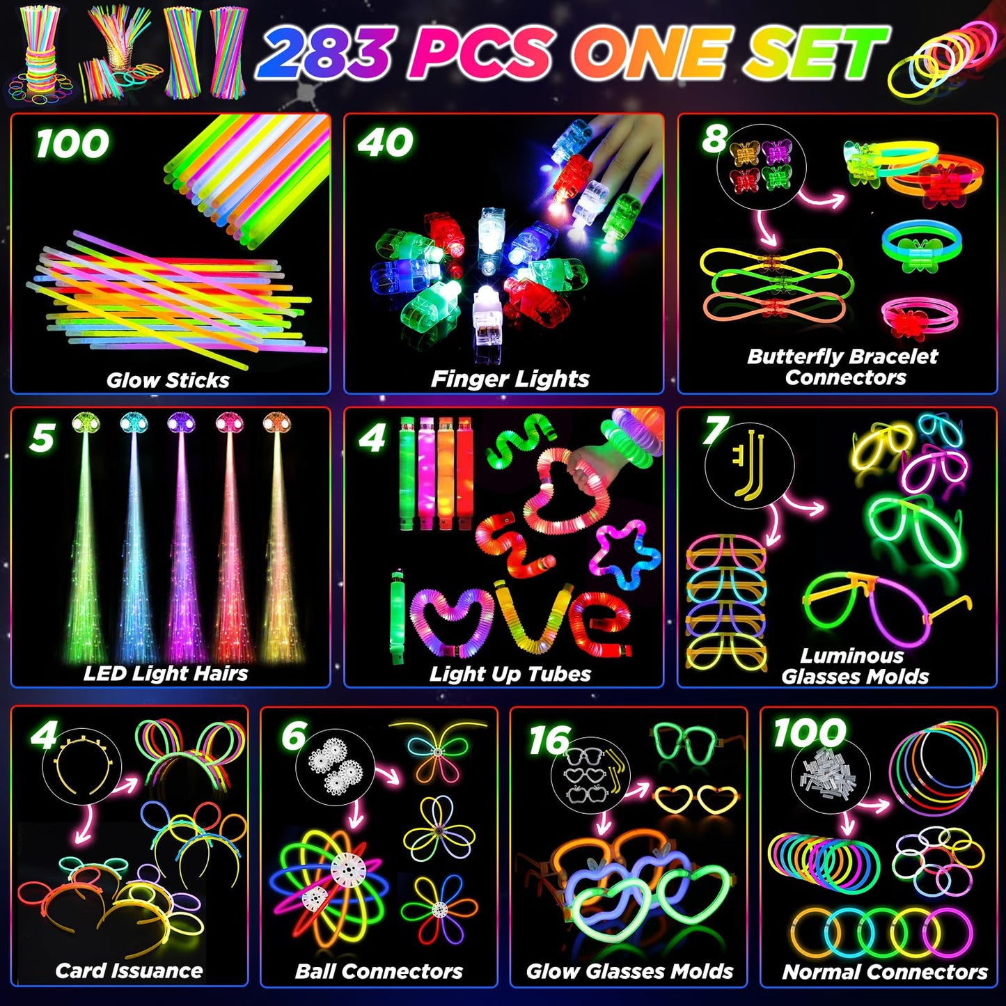 SHQDD Glow in the Dark Party Favors for Adults Kids, 27 Carnival Accessories, 56 LED Light Up Toys Bulk, 100 Glow Sticks Party Pack, Neon Party Supplies & Decorations