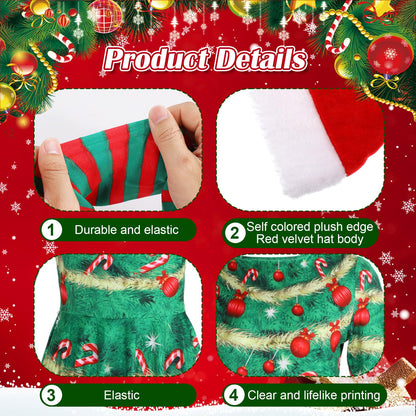 Hillban 3 Pcs Christmas Elf Costume Set Women Short Sleeve Christmas Dress Thigh High Socks Santa Hat (Candy Tree,Medium)