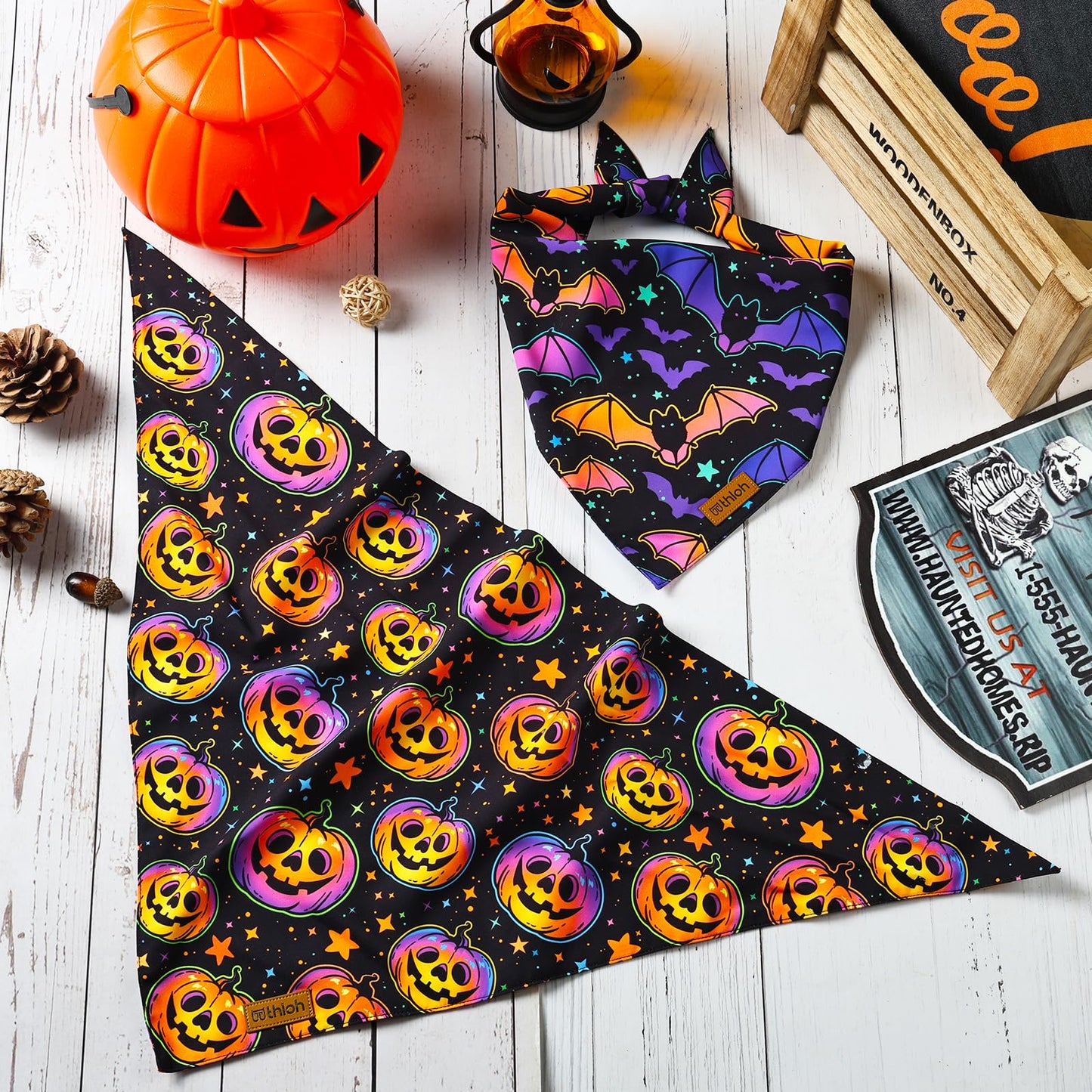 THLOH Halloween Dog Bandanas - 2 Pack Reversible Pumpkin and Bat Pet Scarf for Boys and Girls | Fall Dog Bibs | Premium Durable Fabric | Holiday Dog Bandana for Medium and Large Dogs (Large)