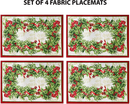 Newbridge Christmas Holly Ribbon Traditions Bordered 60 x 120 Inch Rectangle Fabric Tablecloth, Boughs of Holly and Berry Ribbon Garland Dining Table Cover for Holiday Party