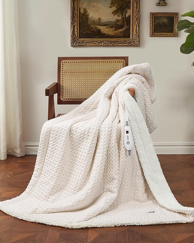 CAROMIO Heated Blanket Throw, Waffle Weave Electric Throw Blanket Fast Heating with LCD Controller, 6 Heat Levels & 4 Hour Auto Shut Off, ETL Certified, Machine Washable, Beige, 50" x 60"