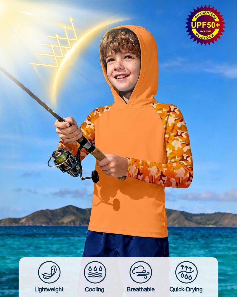 DRONIRING Boys Rash Guard Swim Hoodie, UPF 50+ UV Sun Protection Long Sleeve Fishing Shirt, Kids Youth SPF Water Shirts Bright Orange