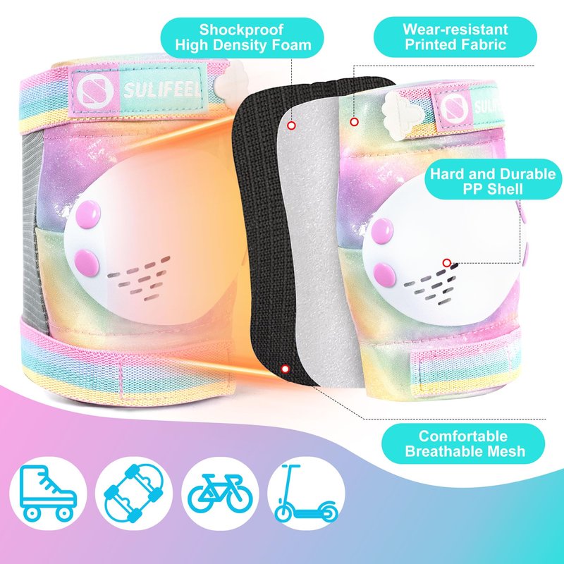 SULIFEEL Rainbow Unicorn Knee Pads for Kids Knee Elbow Pads Wrist Guards with Drawstring Bag Adjustable Protective Gear Set for Girls Roller Skating Bike Cycling Skateboard Scooter Dazzling Small