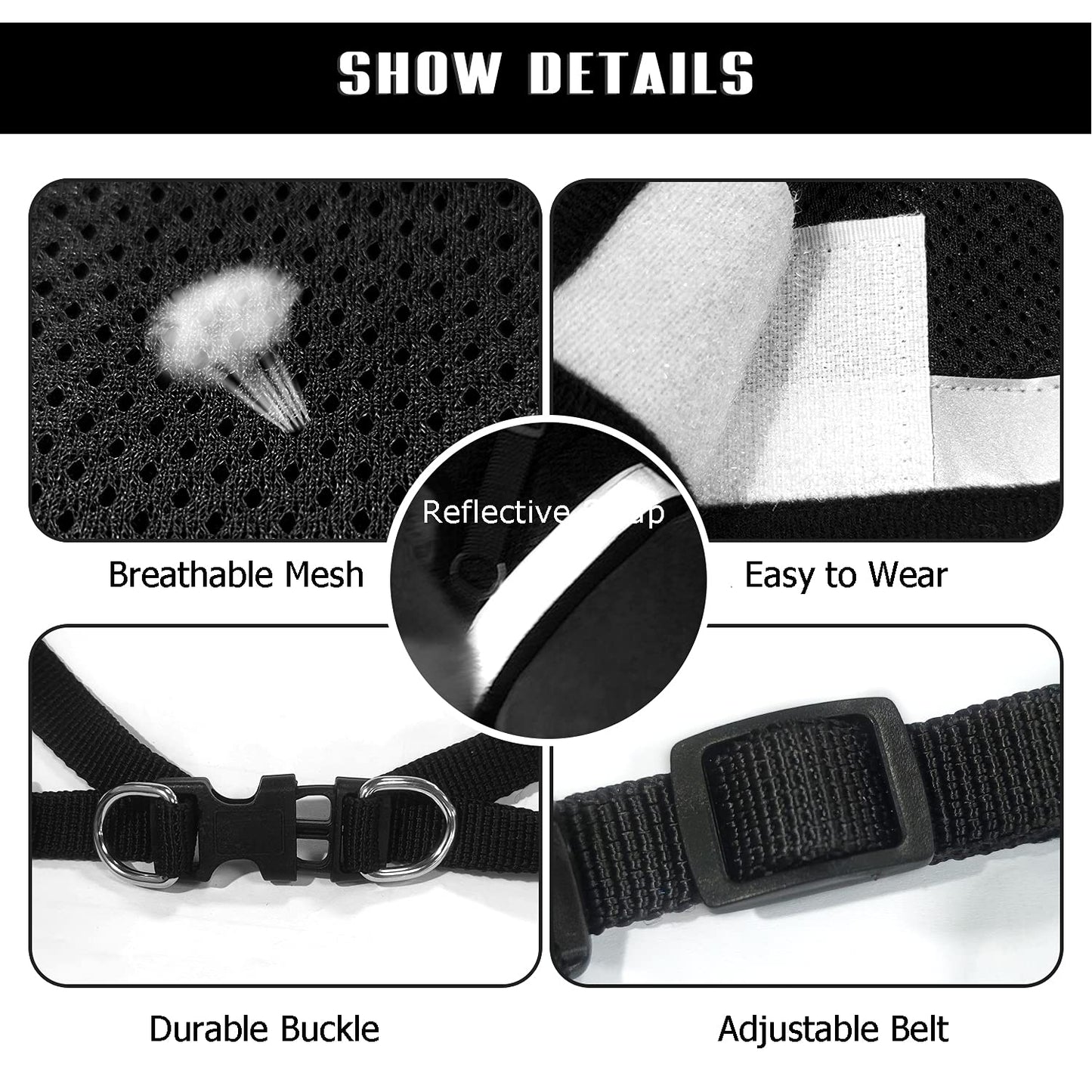 FEimaX Dog Harness and Leash Set for Walking, Soft Mesh Adjustable Easy Control Lightweight Cat Vest Harnesses with Reflective Strips, Escape Proof Small Dogs Cats Vests (Black, X-Small)